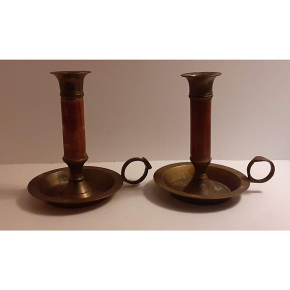 Pair of Vintage Brass and Wood Chambersticks Candle holders 4.5 " tall - Picture 1 of 8